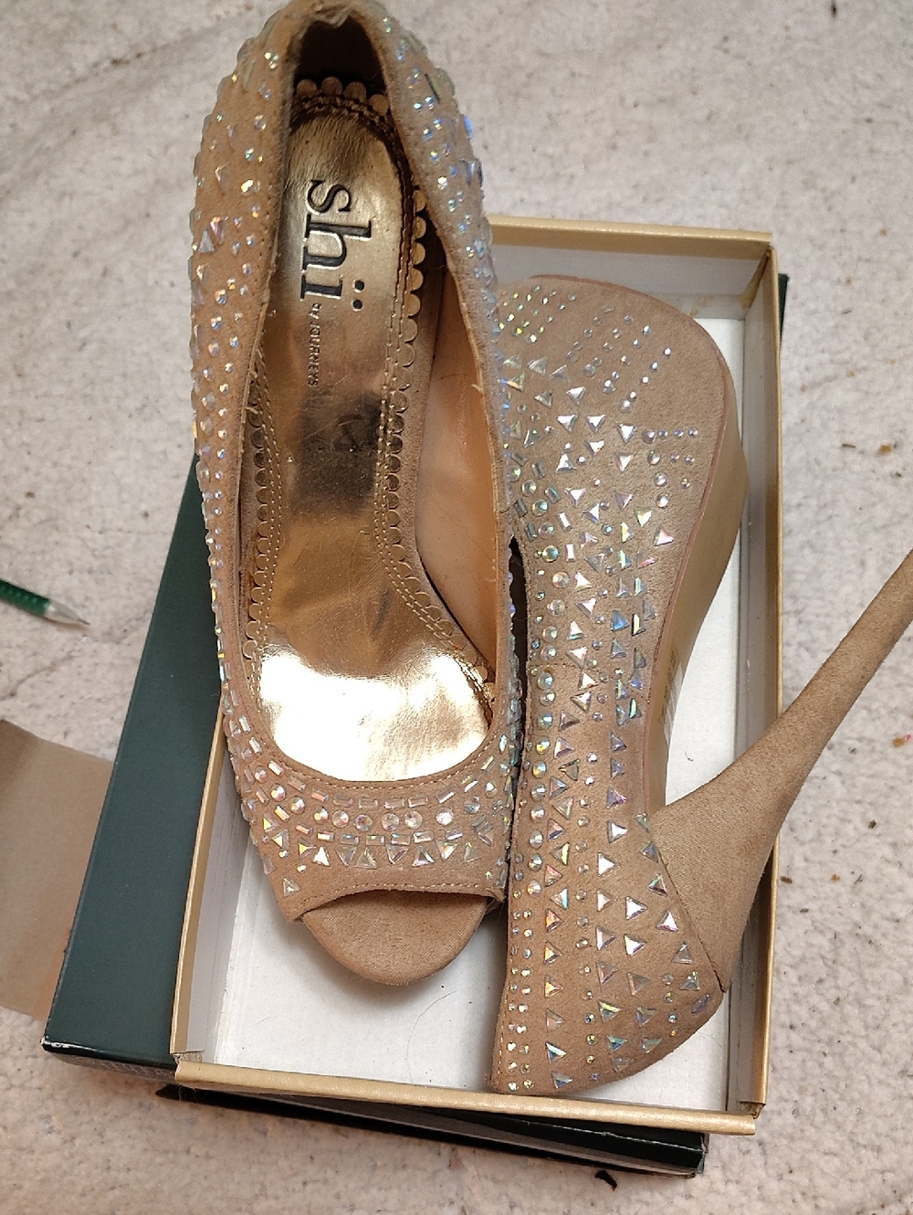Platforms, Shi by JOURNEYS Nude Crystal Embellished Peep-Toe Heels